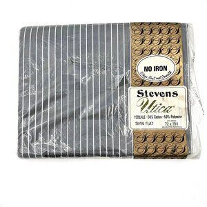 VTG NIP STEVENS UTICA GRAY WHITE STRIPE PERCALE TWIN FLAT SHEET 72X104 NO IRON